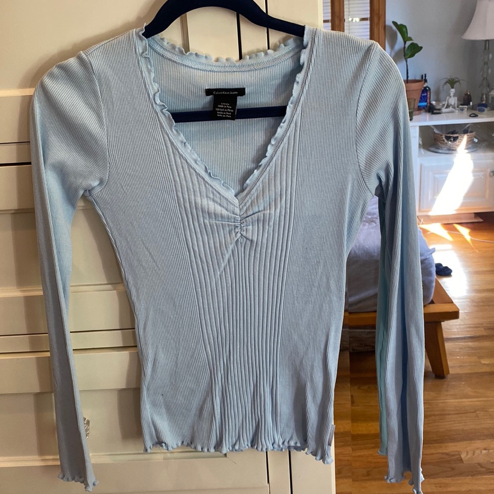 Calvin Klein jeans light blue lettuce edge top